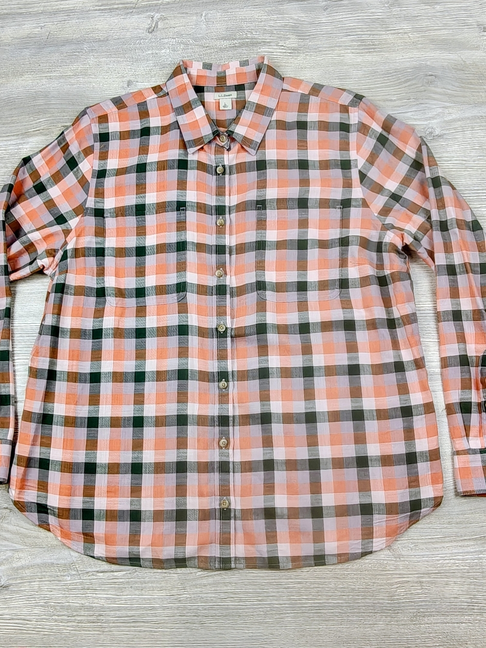 LL Bean Womens Large Plaid Cotton Button Down Shirt Orange Green Pink